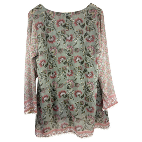 One World Green Floral Lined Sequin Tassel Sheer Blouse Sz L Boho Festival Beach - Picture 2 of 10